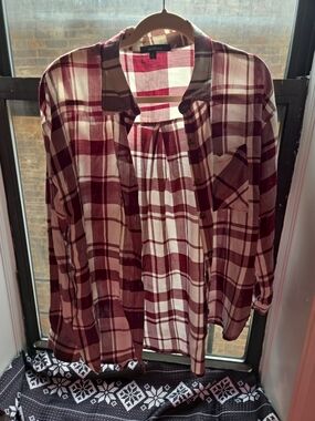 Ambiance Burgundy and White Plaid Button-Up Women's Top